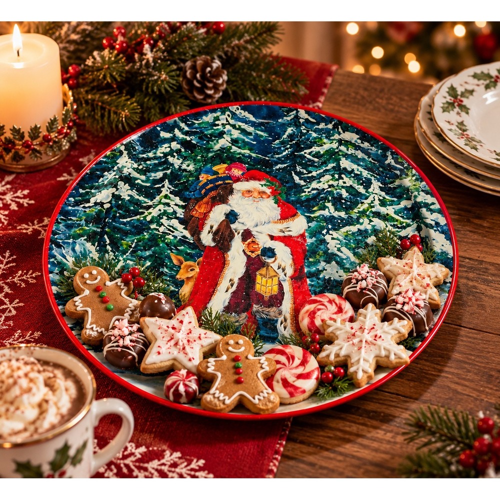 Prettique Kringle Santa Christmas Serving Tray Winter Woodland Holiday Vintage